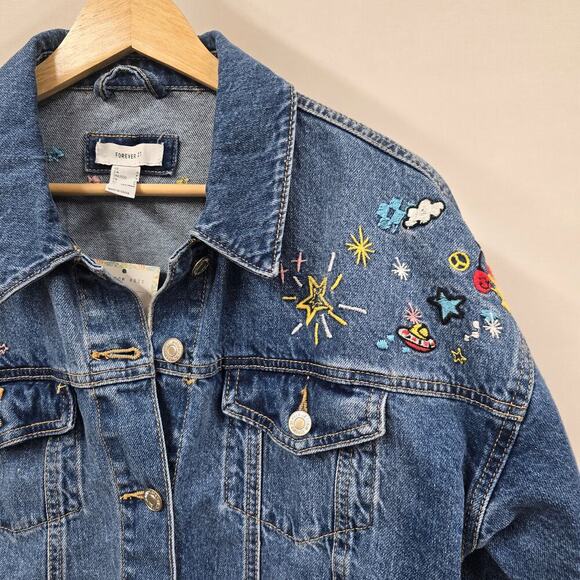 Forever 21 Embroidery Cropped denim Jacket Small - Picture 2 of 5